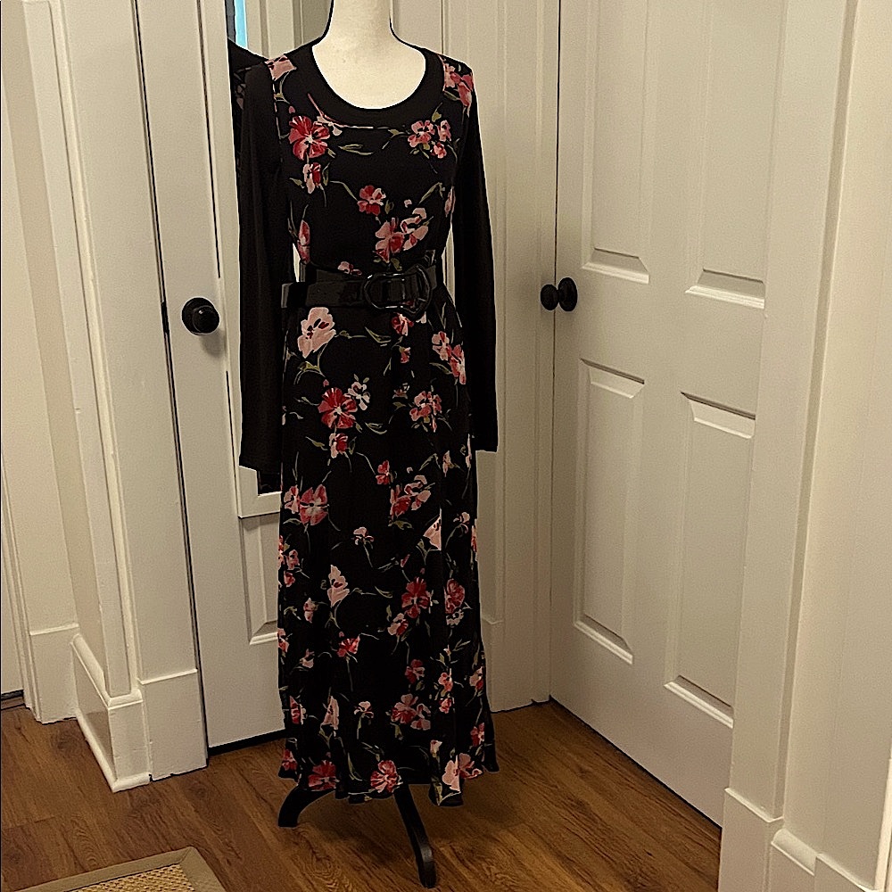 Philosophy di Ferretti Floral Print on Black Float Style Maxi Dress Sz 6 EUC